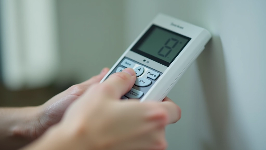 Close-up of AC remote control with temperature display and adjustment buttons clearly visible