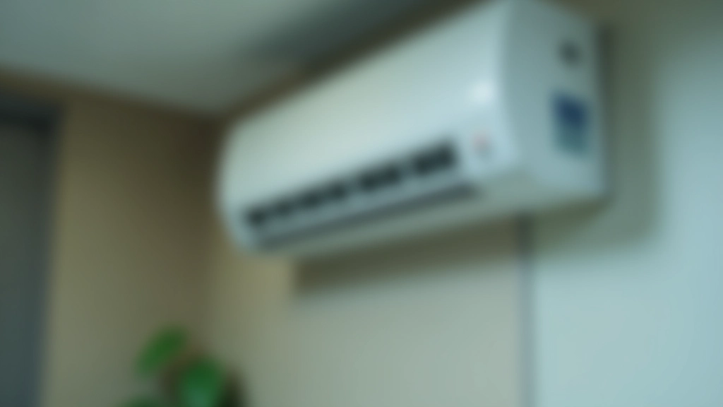 Air conditioning unit cooling system in humid Hong Kong apartment, modern installation, close-up detail, sharp focus