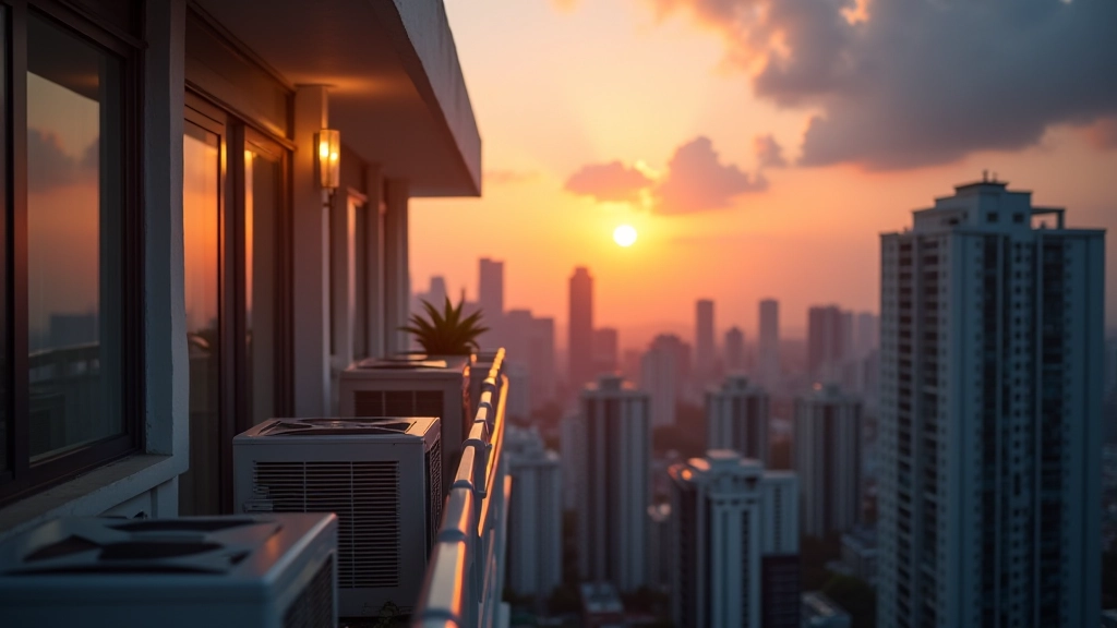 Apartment balcony during sunset with air conditioning units and city skyline visible in humid summer heat
