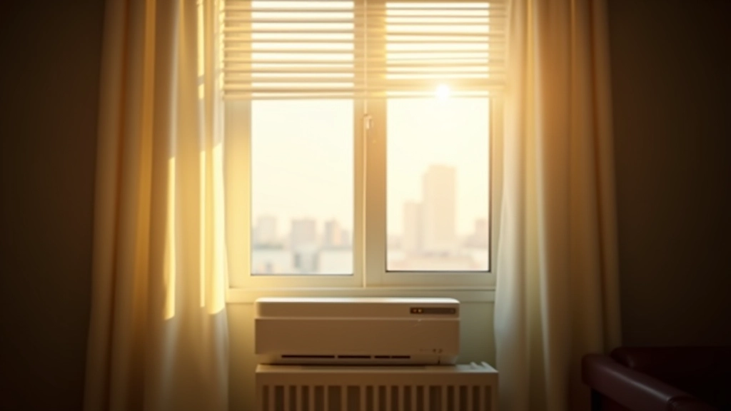 Window with morning sunlight streaming through, showing open blinds and air conditioning unit in background
