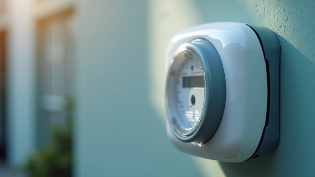 Towngas meter and infrastructure, close-up of utility meter mounted on apartment building exterior wall