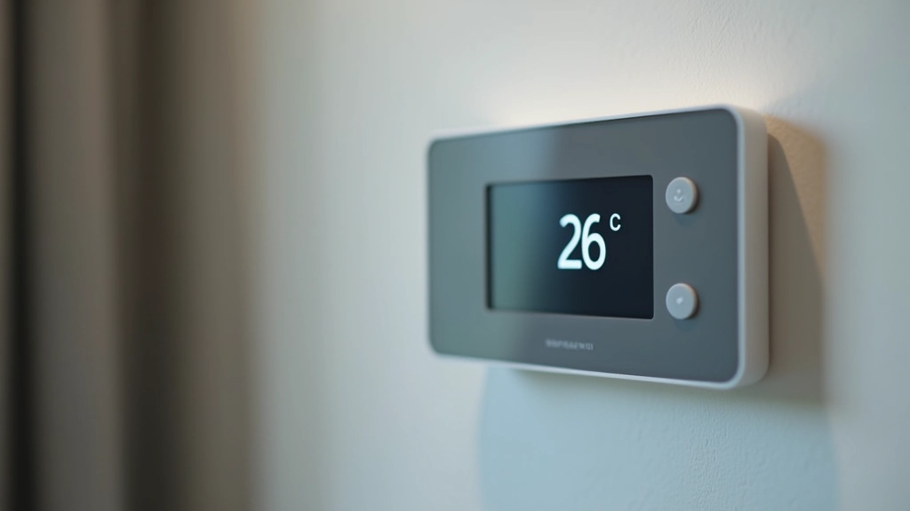 Thermostat display showing temperature setting of 26 degrees celsius, smart digital thermostat on light gray wall, modern apartment interior