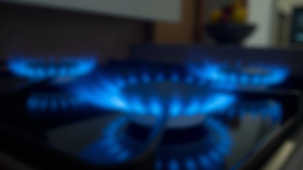 Gas stove burners lit with blue flames, modern kitchen cooktop
