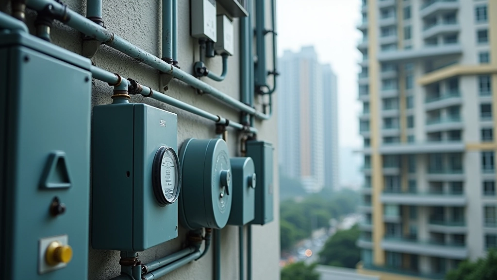 Hong Kong residential building with utility meters and modern apartment complex showing gas and electricity infrastructure