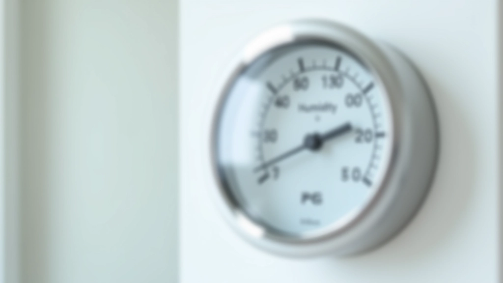 Close-up of humidity gauge and temperature display on wall, showing high humidity levels during Hong Kong summer, sharp focus on readings