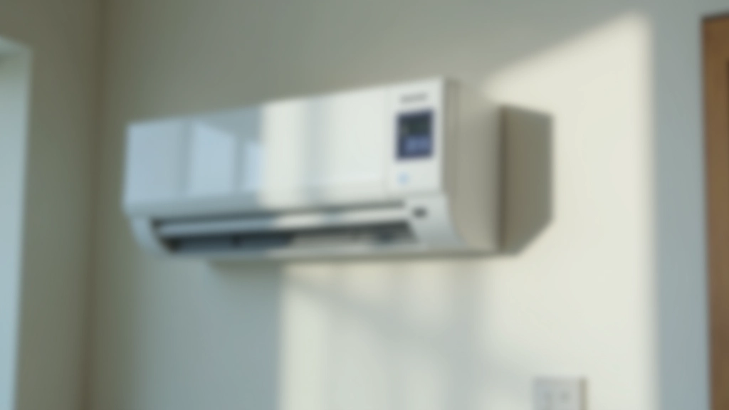 Modern air conditioning unit mounted on apartment wall with temperature control display