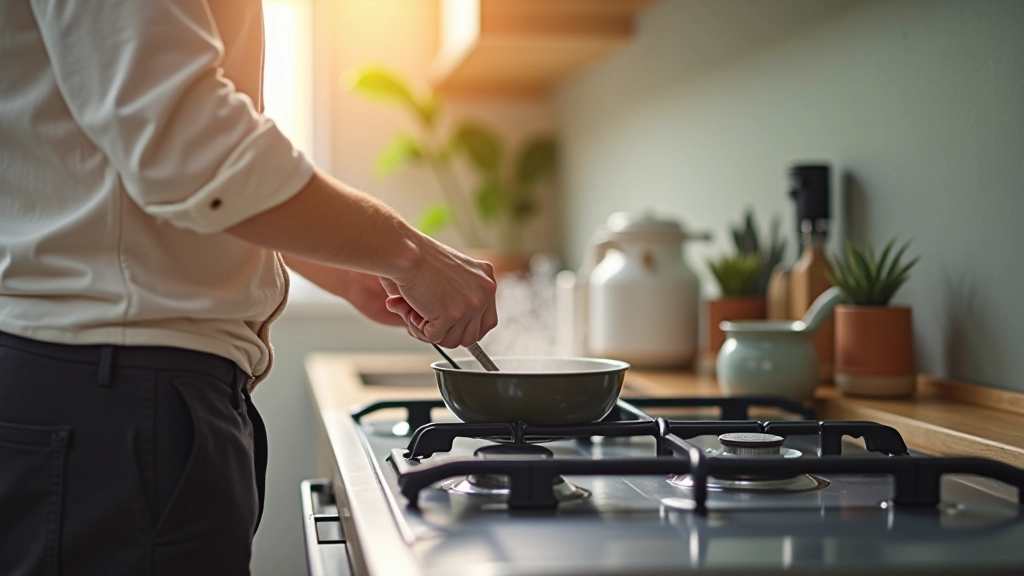 Hong Kong family in kitchen using gas stove for cooking, warm natural light from window