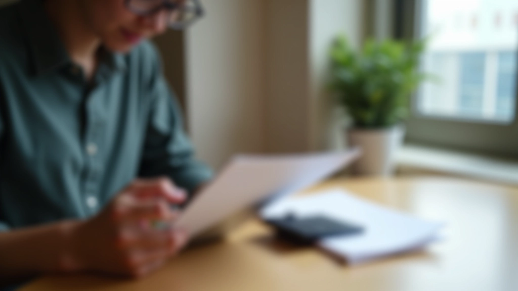 Person reviewing electricity bill on tablet while sitting at table with calculator and notes, planning household budget, natural lighting from window