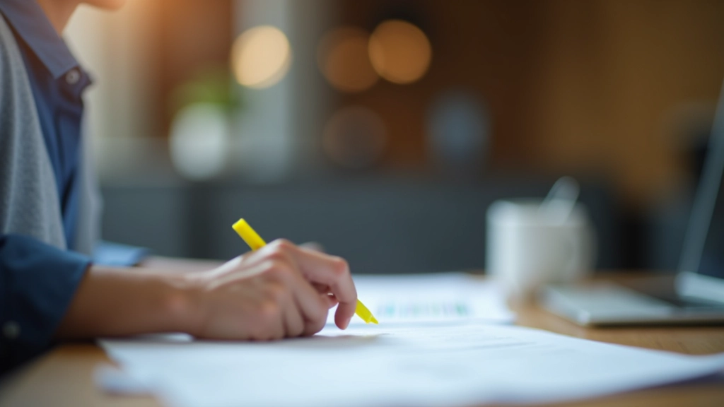 Person reading utility bill document carefully at desk with glasses and highlighter