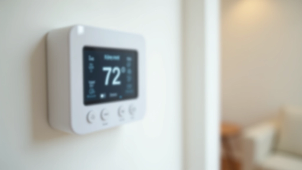 Modern smart thermostat on apartment wall showing temperature and climate control settings, digital display