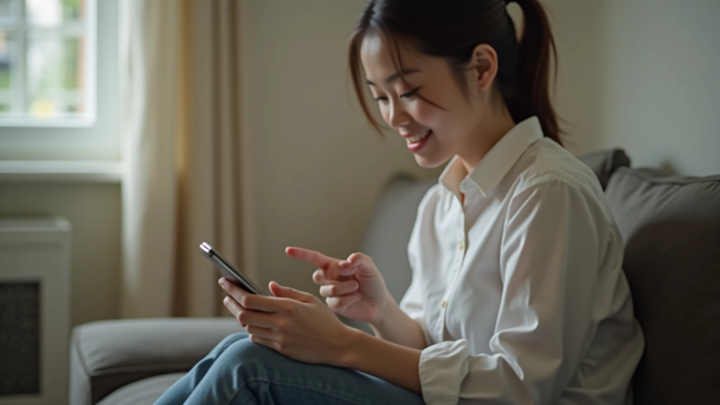 Woman checking electricity consumption on mobile phone app at home